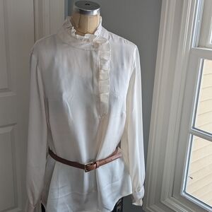 Elegant White Ruffled Blouse with Belt